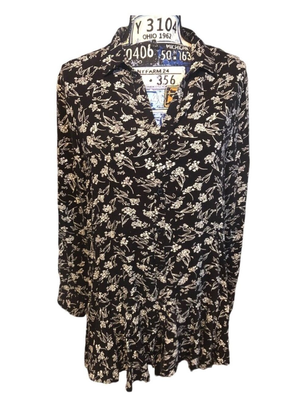 Grace Elements Black Quarter Length Sleeve Blouse White Floral Print Blouse Sz M
